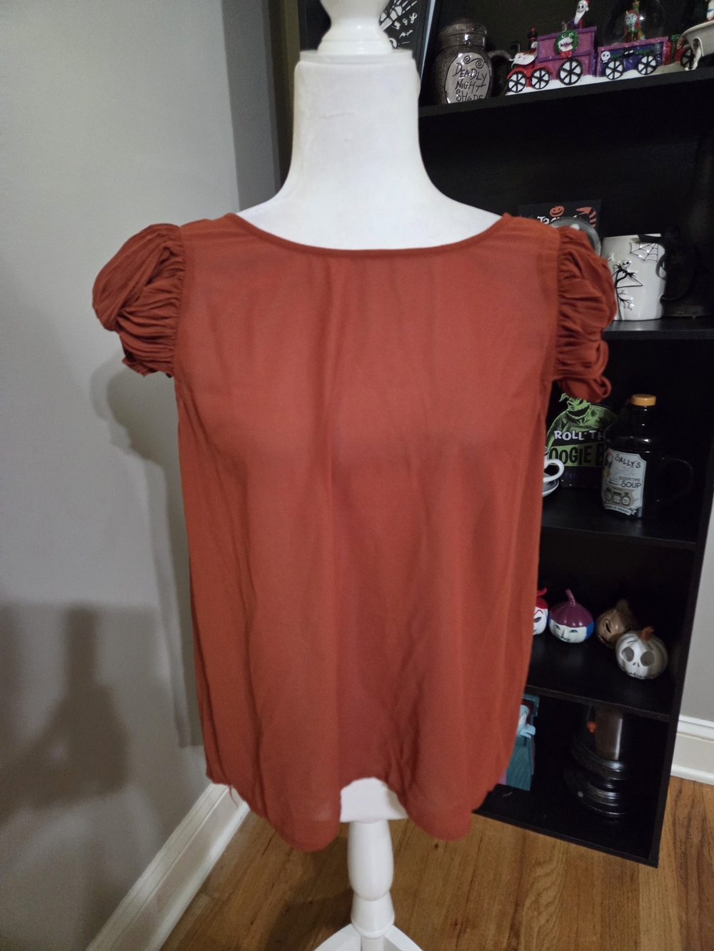 Ark & Co Rust Ruched Short Sleeve Sheer Blouse
